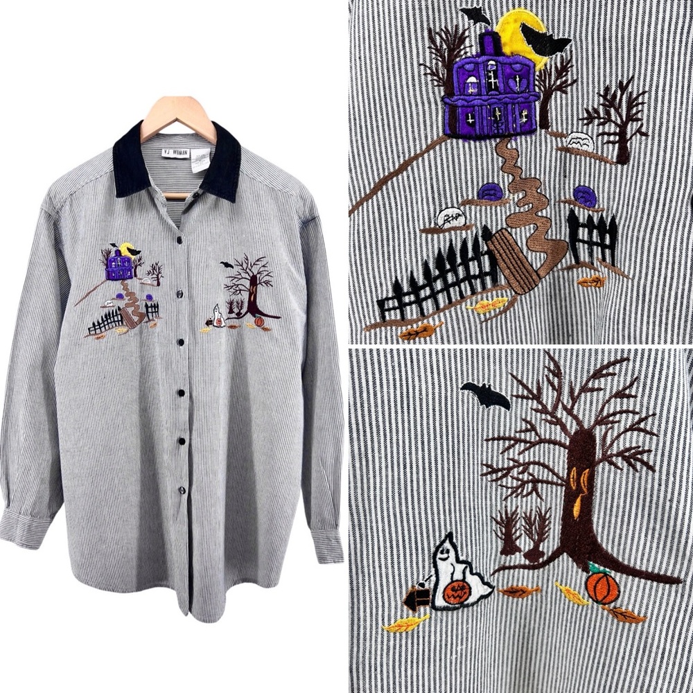 Vtg VJ Woman Halloween Pinstripe Button Up Top Sz 20 Embroidery Corduroy Collar